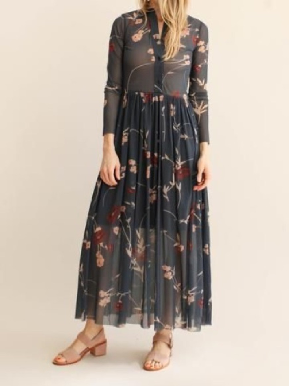 GANNI Navy Floral Capella Mesh Maxi Dress